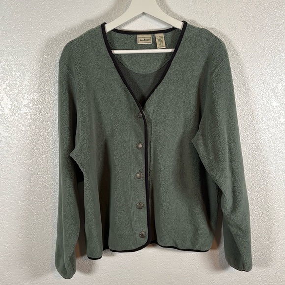L.L. Bean Green Fleece Cardigan Sunburst Metal Buttons Size Medium - Picture 1 of 6